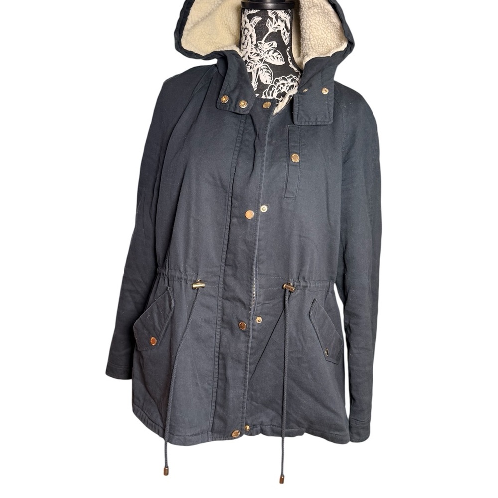 Collection B Black Utility Jacket Hooded Cream Lining Lightweight Women’s Size M